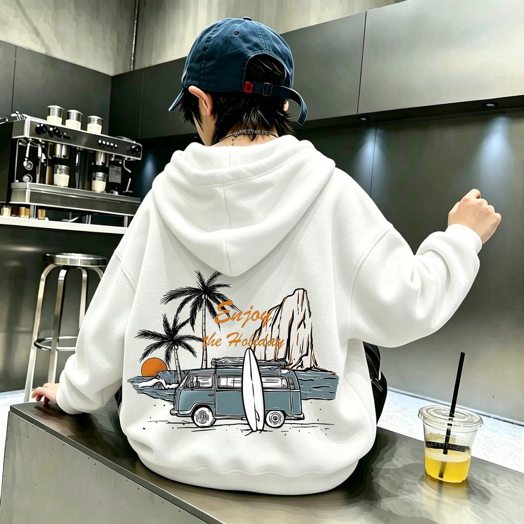 American Retro Coconut Tree Beach Traveler Double-sided Printed Hooded Sweatshirt for Boys and Girls - Children's Casual Top Set