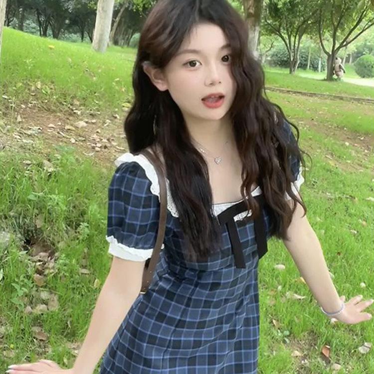 Academy Style Small Dress Women's New French Square Collar Blue Plaid Bubble Sleeve Waist Temperament Skirt Summer