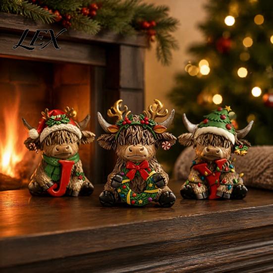 Detailed Figurines for Porch 3Pcs Christmas Highland Cow Figurine, Resin Yak Statues with JOY Letter Sign, Decorative Accents Desk Farmhouse Tabletop