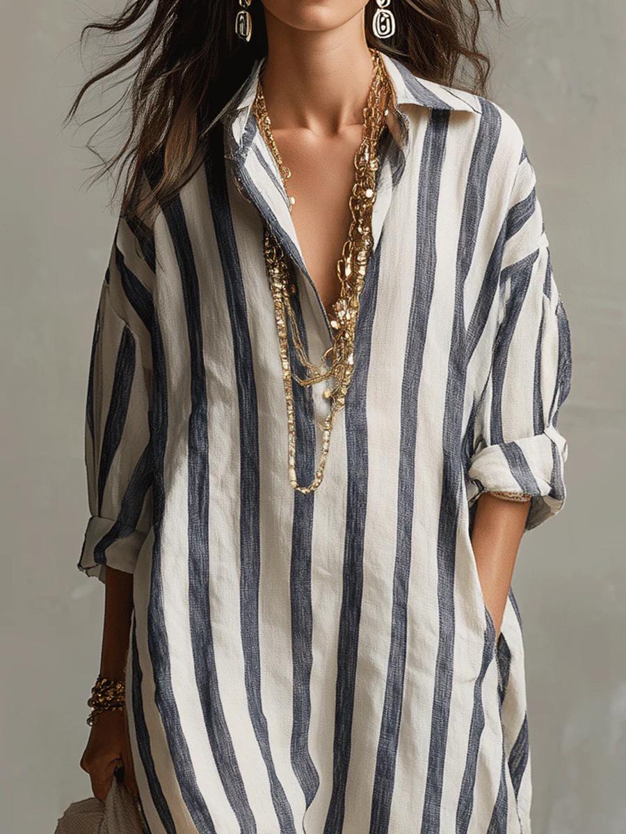 

2026 Striped Cotton Lapel Dress - Spring/Summer Collection XXL синій