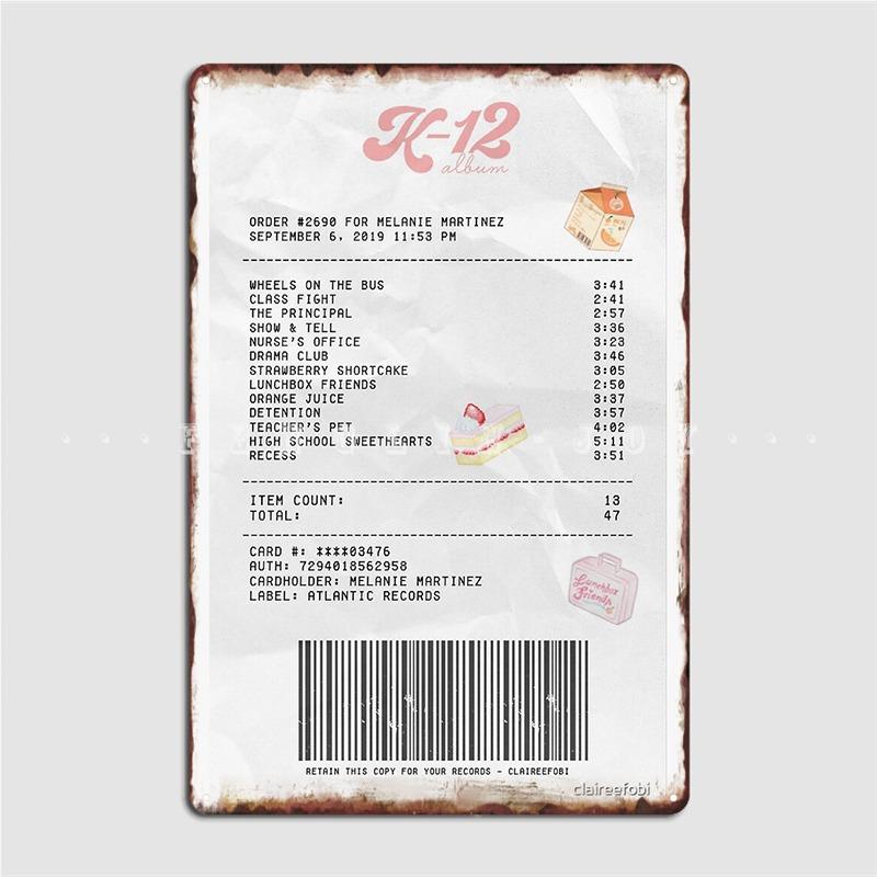 

K-12 Album Receipt Poster Metal Plaque Pub Garage Club Retro Plates Tin Sign Poster 20x30cm（7.8x11.8inch）
