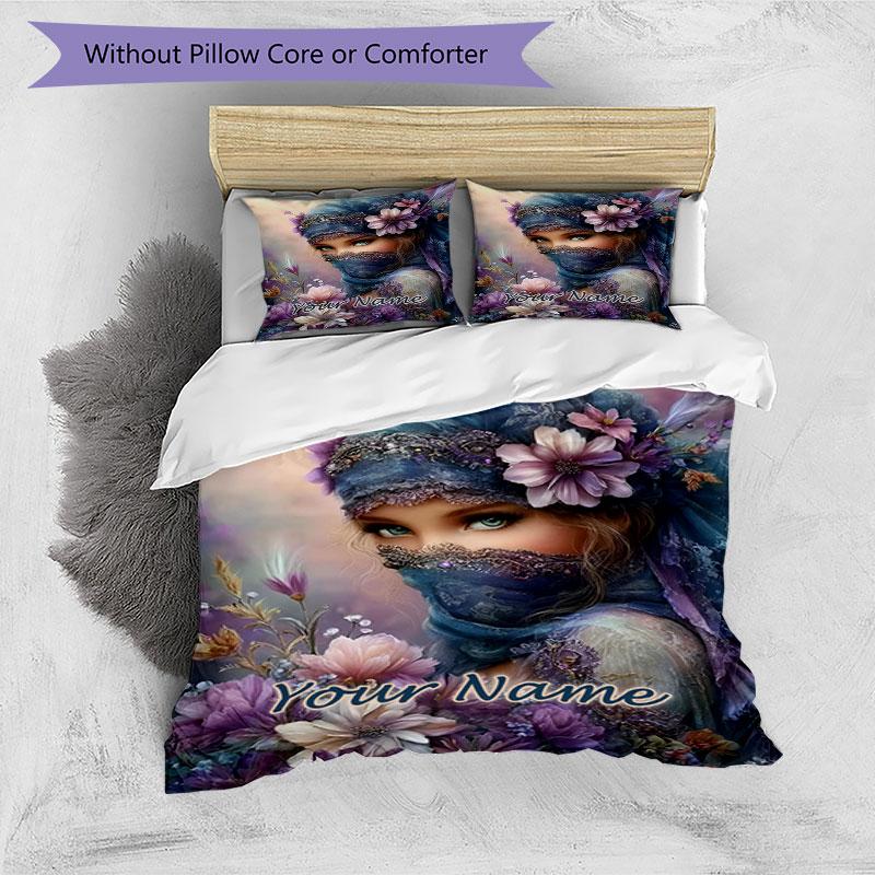 3pcs Custom Name Fantasy Floral Portrait Bedding Set Printed Bedding Set Duvet Cover Closure Includes 1 Duvet Cover & 2 Pillowcases Bedroom Decor