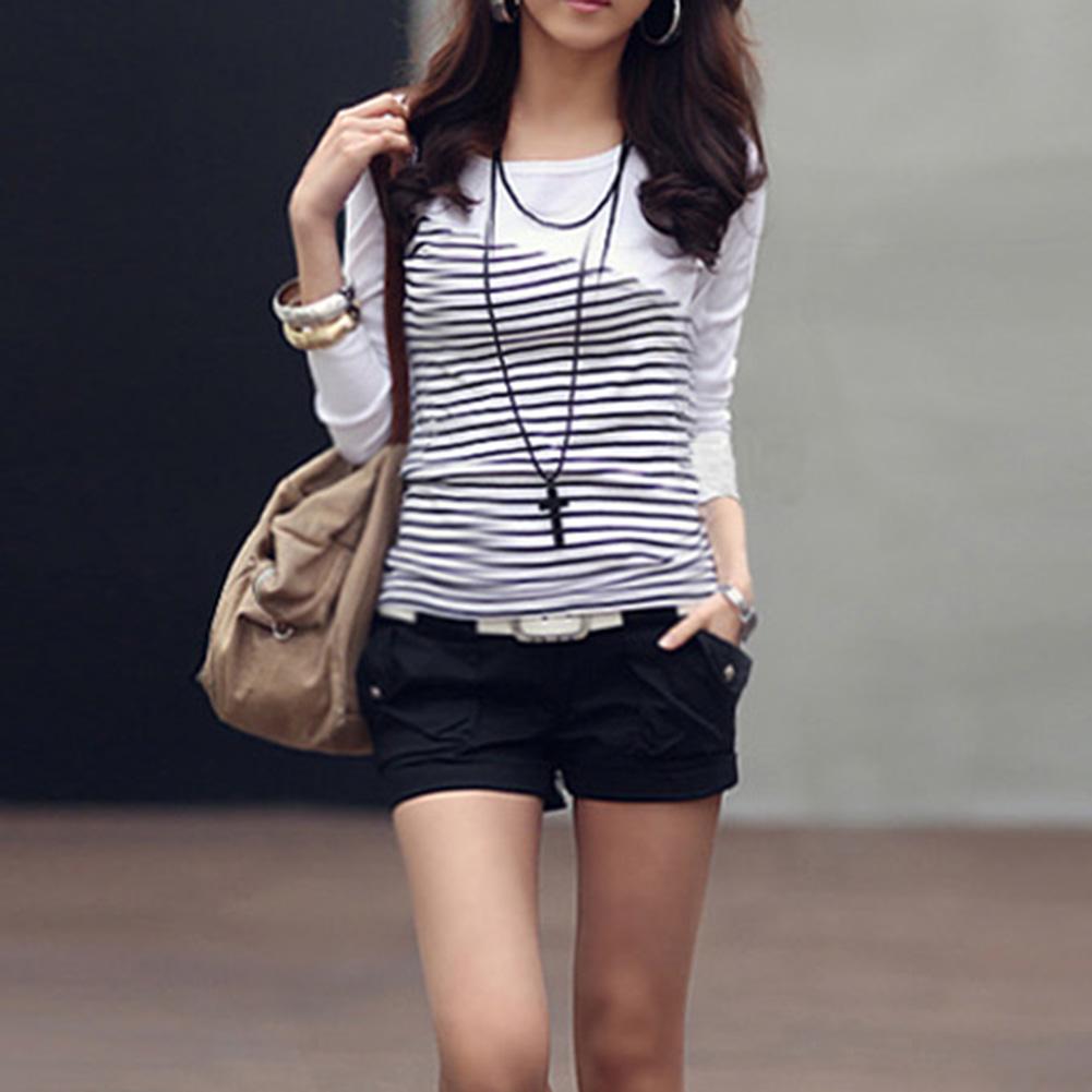 Global Selling Women Stripe Print Long Sleeve Round Neck T-Shirt Slim Fit Top