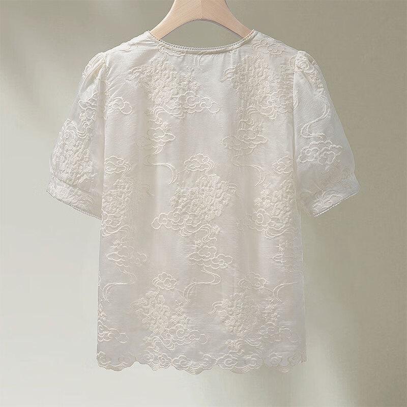 New Chinese Style Lace Trim V-Neck Short Sleeve Blouse