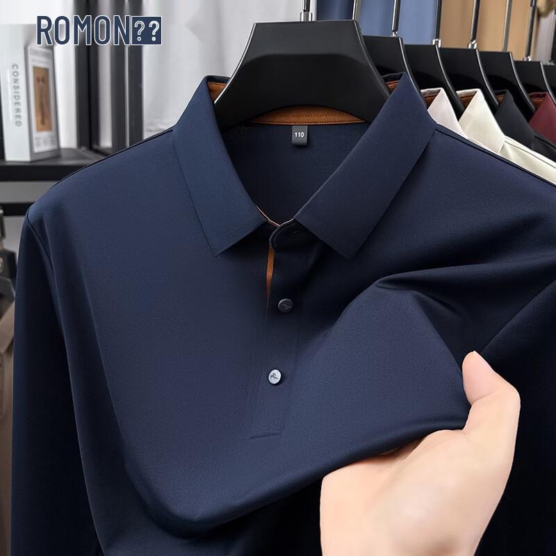 ROMON Men's Silk Blend Casual Long-Sleeve Polo Shirt
