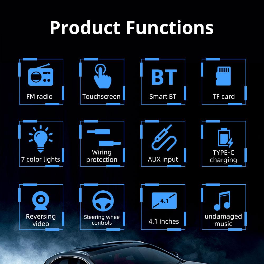 2026 Portable Car Radio Stereo 1 Din 4.1" Touchscreen Bluetooth MP5 Player USB Type-C Charge TF AUX FM RCA Audio 7 Color Lights Vedio Input 60W*4 12V