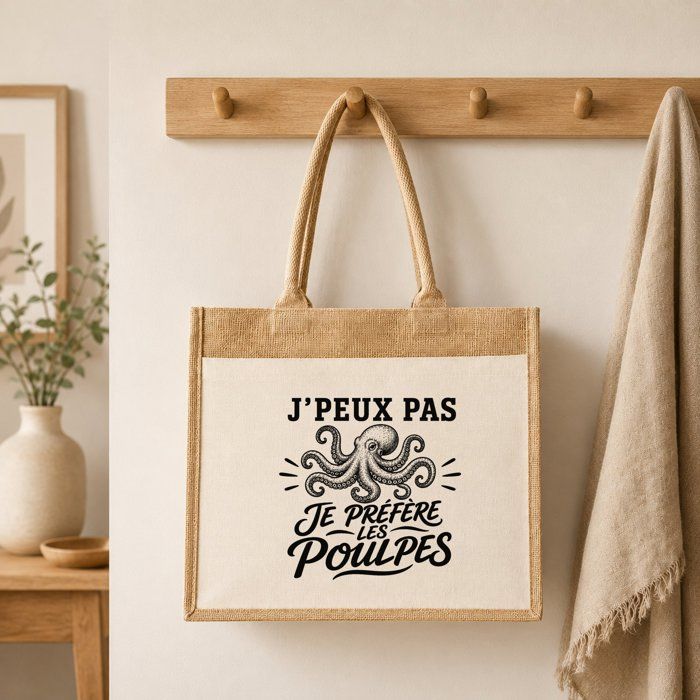 Sac Cabas Jute avec Poche J’peux pas je préfère les Poulpes J'peux pas minimaliste | Toile de Jute et Coton 21 L Fond Plat Anses 65
