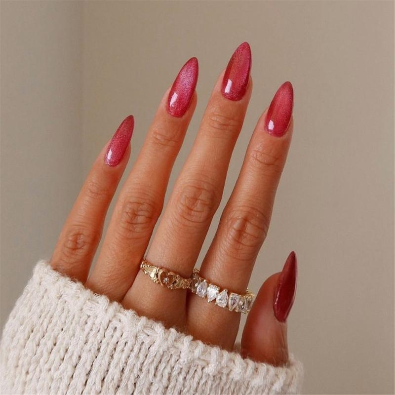 Cat Eye Press on Nails Medium Almond Green False Nails Tips Full Cover Stick on Nails Pink False Nails Artificial Nails