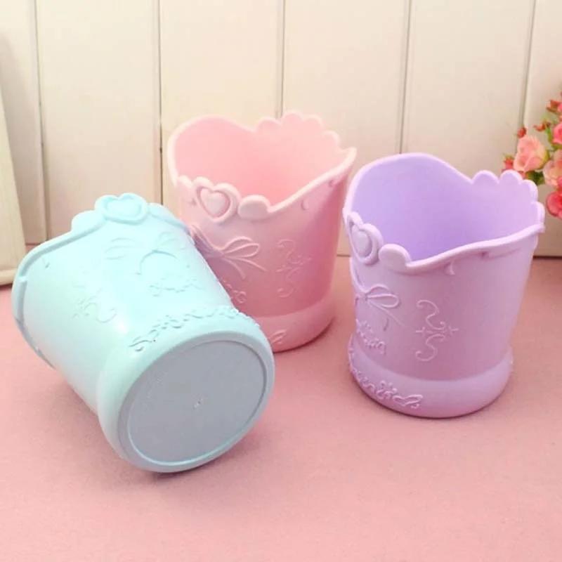 Cute Bow Pen Holder Candy Color Kawaii Pink Pencil Stationery Organizer Box Stand Container Home Makeup Brush Storage Bucket