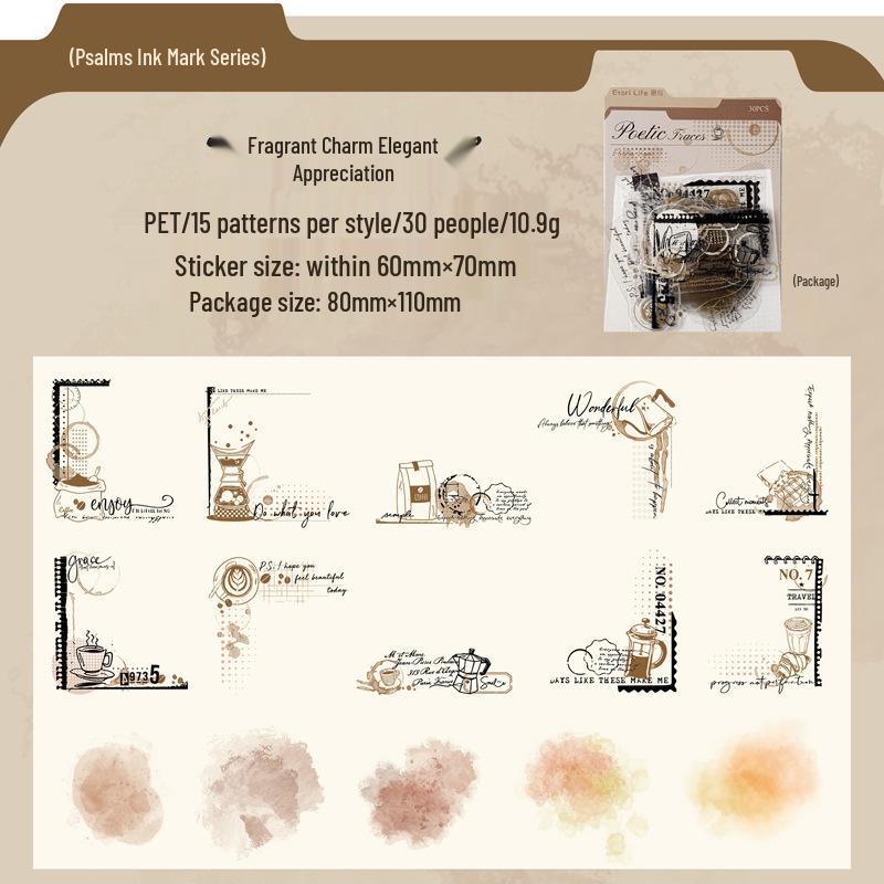 Yi Niao Ink Mark Retro PET Stickers – 6 Styles for Journals & Collages