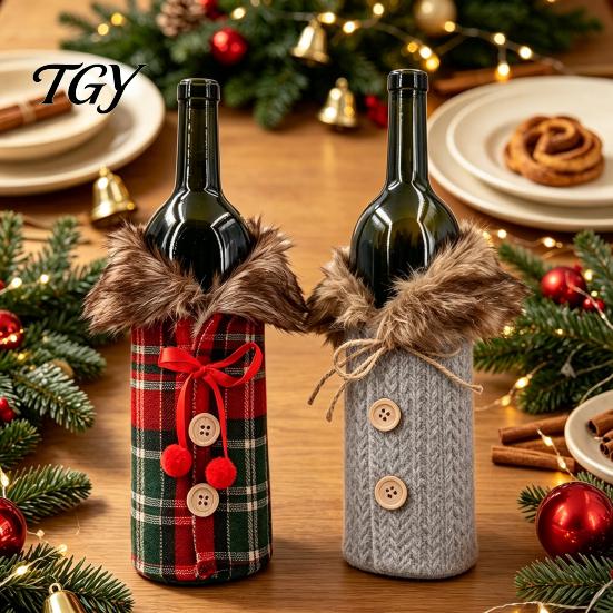 Herringbone Tweed Wine Sleeves Christmas Sweater Bottle Cover, Faux Fur Collar And Button Festive Cover for Home Coat Design Plaid Clothes Party