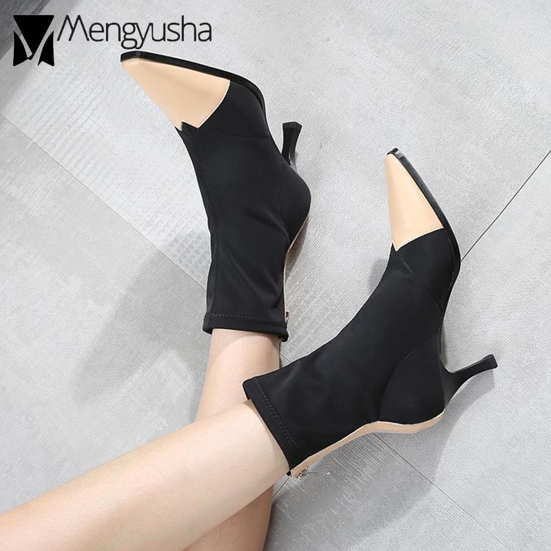 Модные женские сапоги-носки из овчины и эластичной ткани в стиле пэчворк на высоком — фото 3