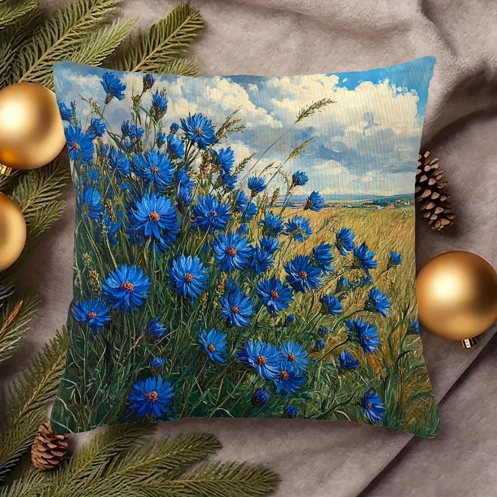 Vintage Blue Cornflower Pillow Cover 2D Print Country Field Landscape Cushion Case For Sofa Bed Couch Rustic Home Decor