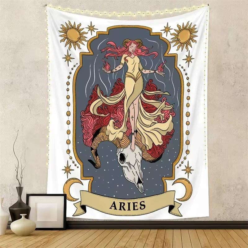 Twelve Constellations Wall Tapestry Hanging Tarot Hippie Wall Rugs Moon Sun Wall Art Decor Background Cloth Mandala Home Decor