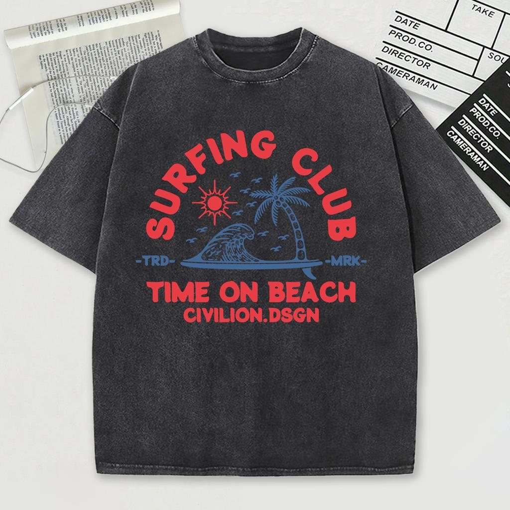 Surfing Club Time On Beach Civilion Print Retro Tee Shirts Summer Cotton Loose Men T Shirt Soft Sportwear Washed Clothes