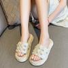 Fashion Women's Fashion Waterproof Platform Flat Sandals Summer New Round Head Fabric Bead Anti-slip Wear-resistant Slippers