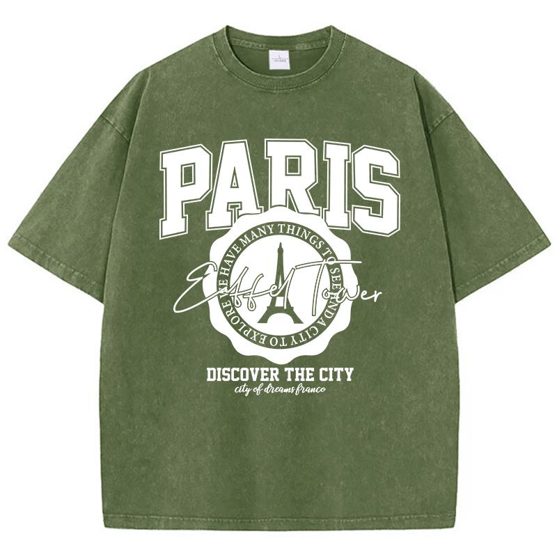 

Casual Woman Acid Wash TShirts Paris Discover The City Prints Tees Distressed Oversize Cotton Short Sleeve Trend Female Clothes S