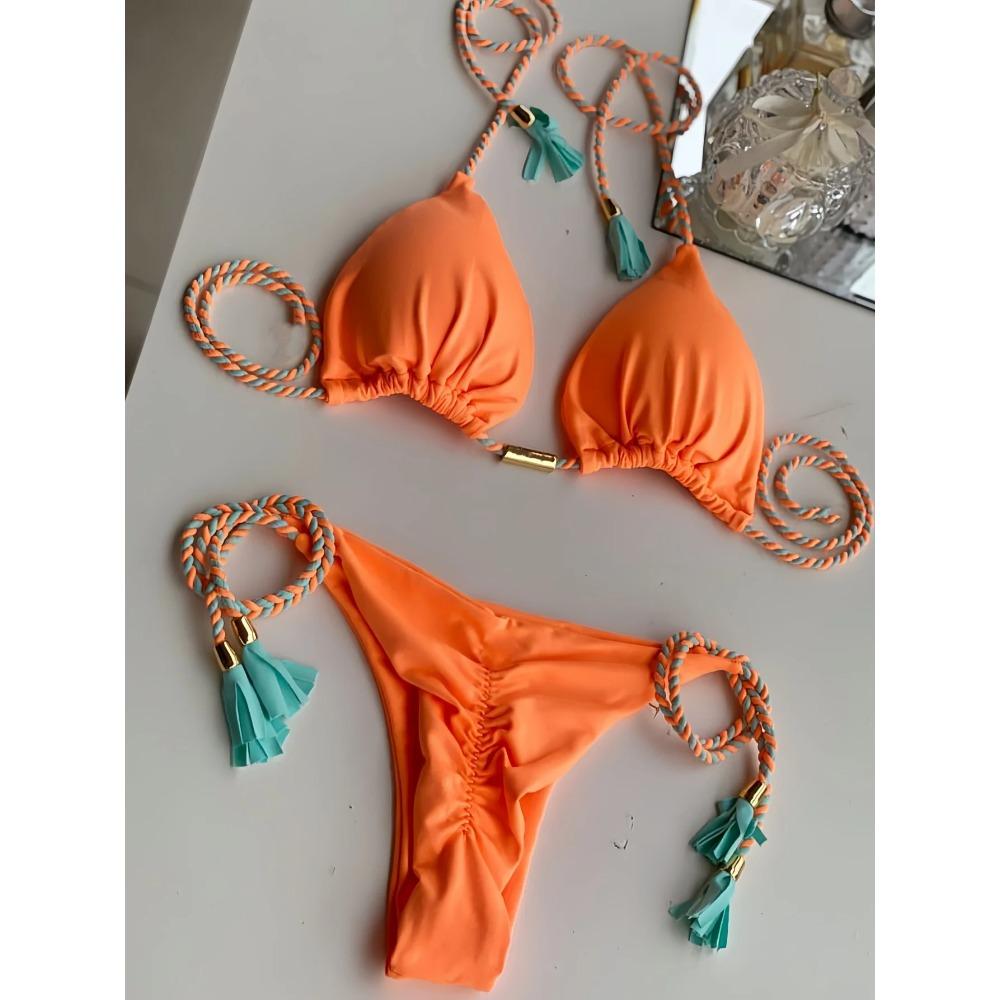 2025 Sexy Solid Color Two-piece Triangle Swimwear Women Swimsuit Braiding Rope Bikinis Set Beach Bathing Suit Brazilian Biquinis