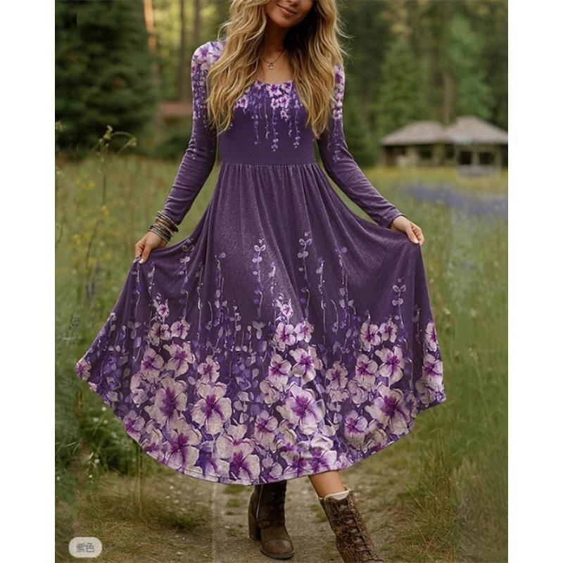 DAFIFY Women's Fashion Spring Fall Flower Pattern Print Long Sleeve U-Neck High Waist Casual Dresses