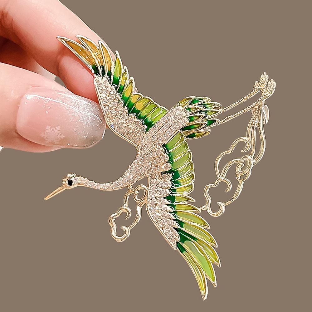 Vintage Green Enamel Wings Rhinestone Crane Clouds Brooches For Women Flying Phoenix Birds Lapel Pins Animal Badge Party Jewelry