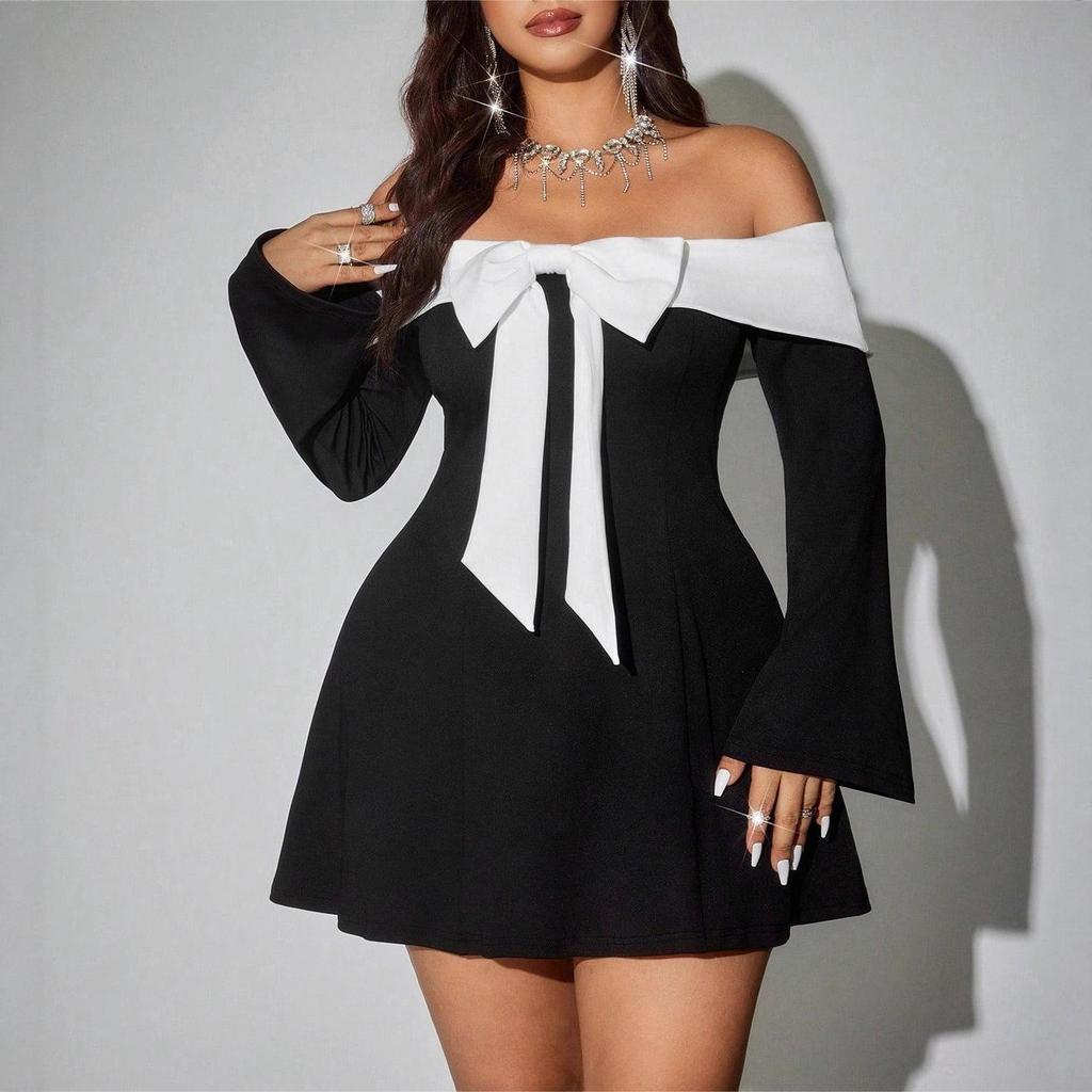European & American One-Shoulder Black & White Dress with Large Bow & Bell Sleeves – Slimming Hot Girl Style