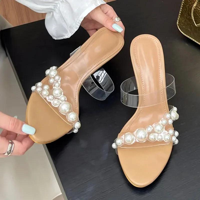 Fashion Luxury Brand Design String Bead PVC Transparent Slippers Women Summer High Heels Sandalias Fashion Open Toe Party Slide Sandals