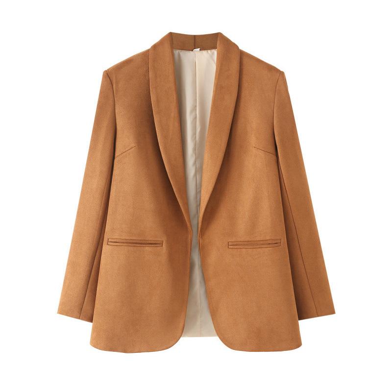 

Осеннее новое повседневное однотонное женское пальто из оленьего бархата с длинными рукавами и карманами, с открытым швом, женское пальто L верблюд