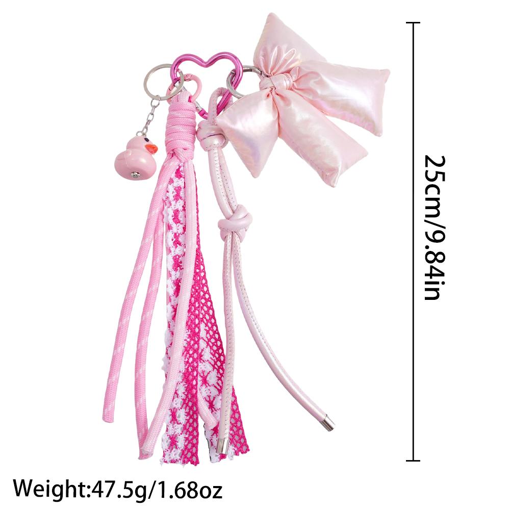 Pink Holographic Bow Keychain with Braided Rope Lace Material Duck Pendant Sweet Cute Style Bag-Key Decoration Accessory