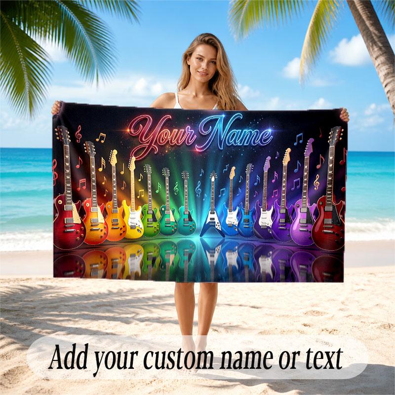 Music Guitar Theme Beach Towel Personalized Custom Name & Text Soft Quick Dry Beach Towel for Swimming Travel