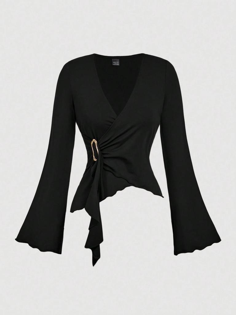 Women's Sexy V-neck Irregular Long-sleeve T-shirt - Solid Color, Autumn Collection