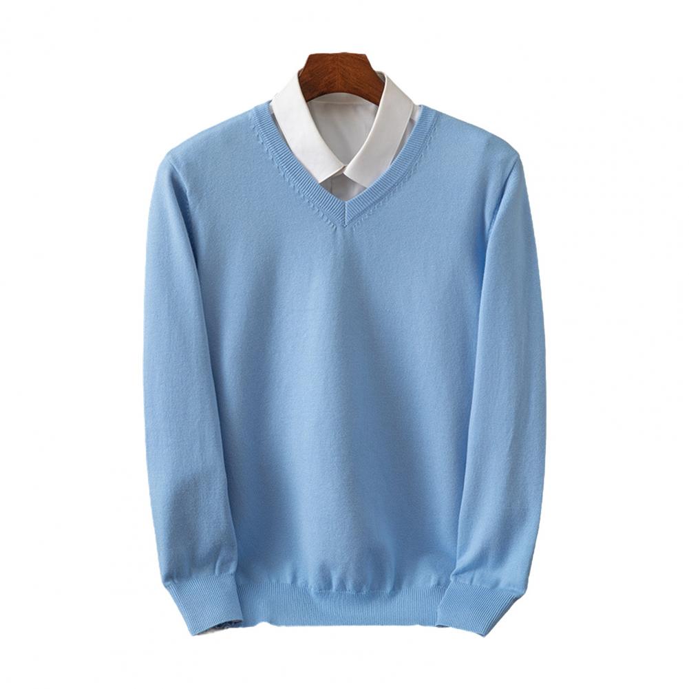 

Мужской свитер осень-зима, имитация рубашки из двух частей, лоскутный отложной воротник, V-образный вырез, длинные рукава, эластичный, чистый цвет, облегающий теплый свитер M светло-синий