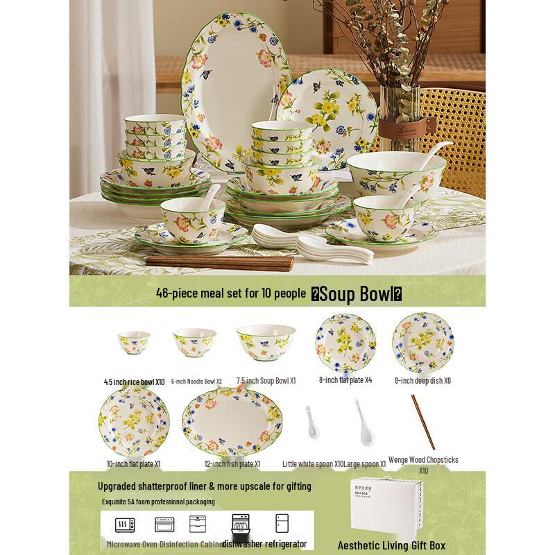 46-Piece Mountain Stream Blossoms Ceramic Dinnerware Set