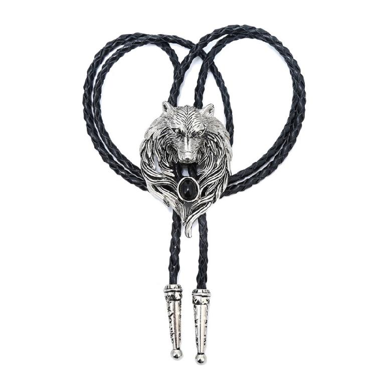 Mens American Bolo Tie Vintage Western Metal Wolf Head Stone Cowboy Necklace