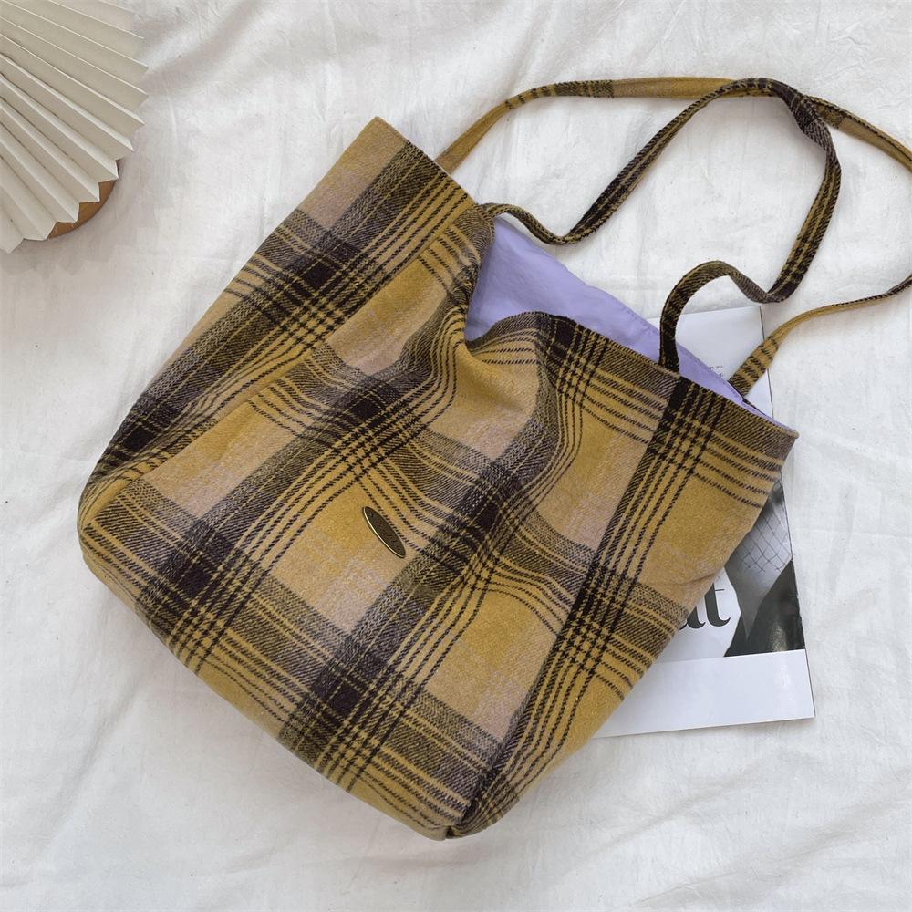 

Шерстяная ретро-сумка через плечо в клетку, клетчатая сумка через плечо из холста, большая вместительная двухсторонняя сумка для поездок на работу жёлтый