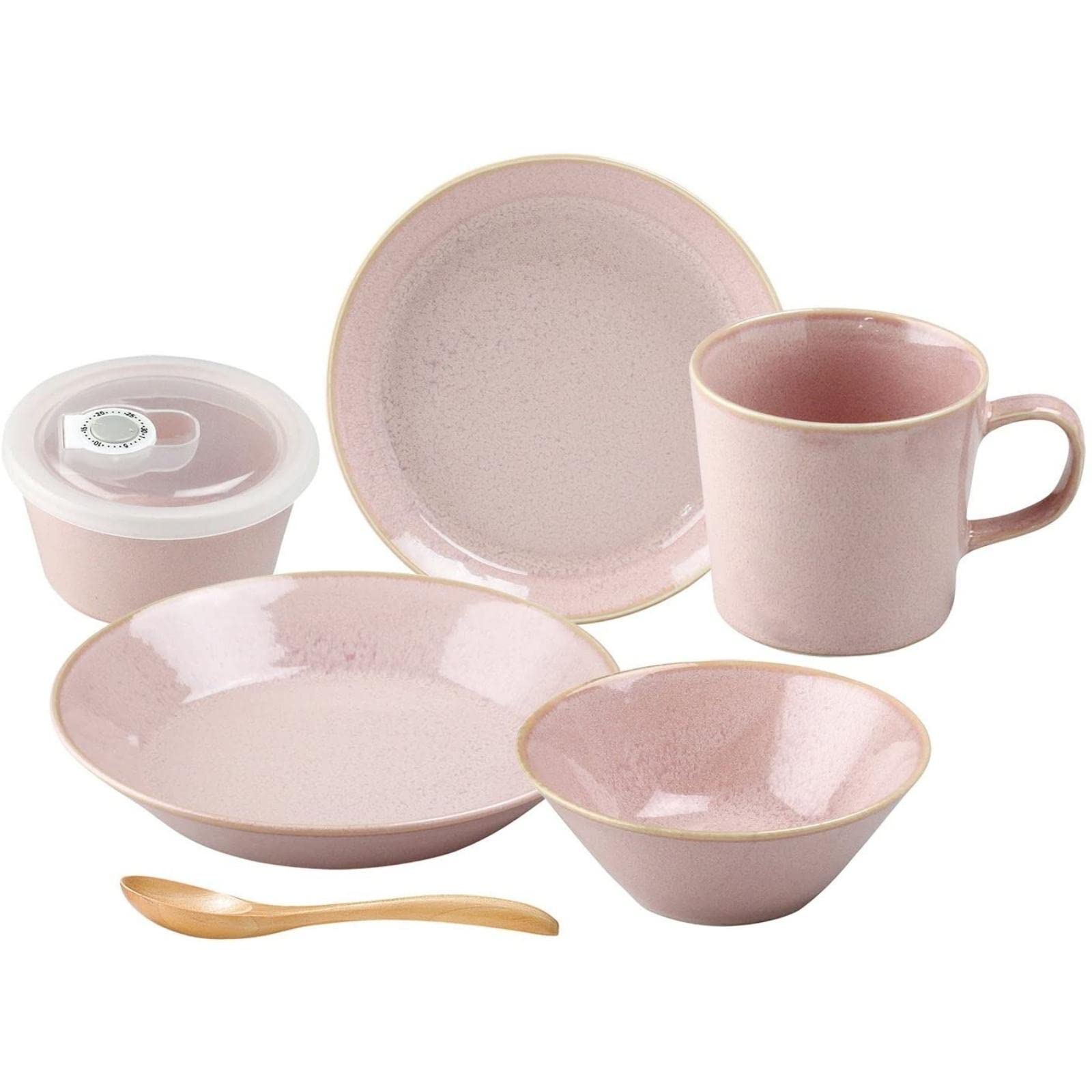 

Aito Seisakusho Mino Ware Dinnerware Set for Single Dishwasher and Microwave Made in Product Number 567505 Natural Color Set, 6-Piece Living, Pink,