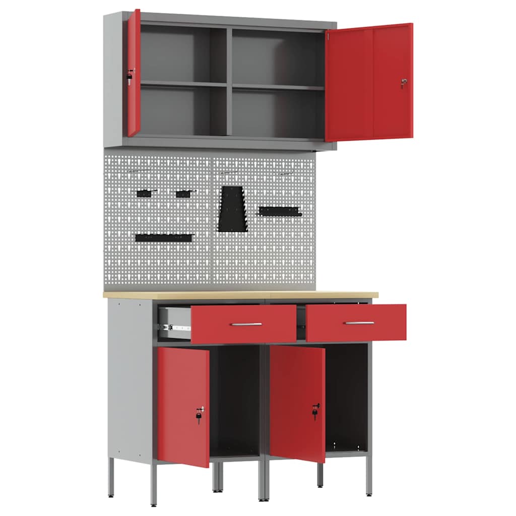 Workbench with Drawers 5 pcs Red Engineered Wood and Steel