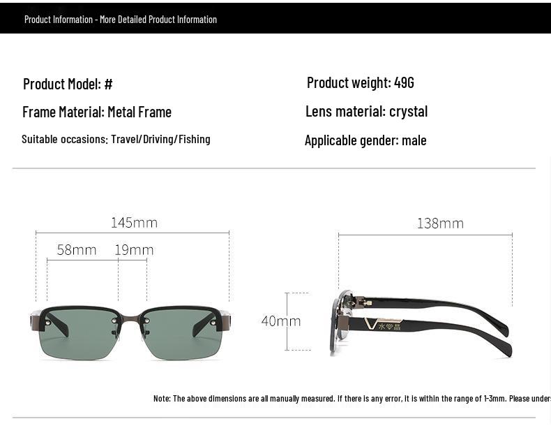 Men's Semi-Rimless Square Perforated Crystal Sunglasses with Top Screw Sunshade