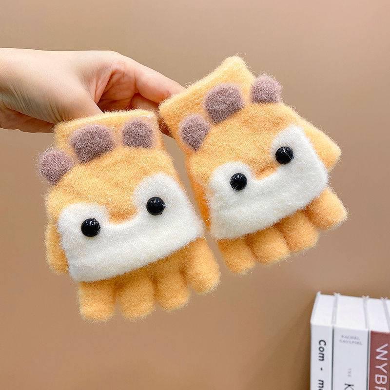 Children's Cute Cartoon Bird Half-Finger Flip-Top Winter Gloves for Boys and Girls.