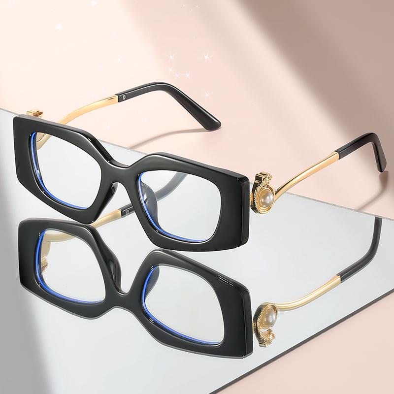 New Small-Frame Cat Flat Light Glasses With Metal Imitation Pearl Temple And Fashionable Decorative Anti-Blue Light Glasses