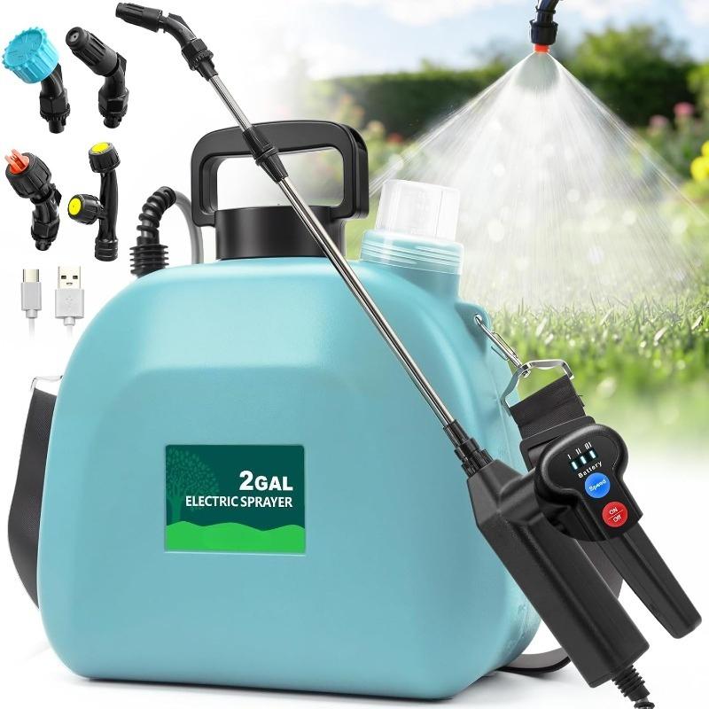 Battery Powered Sprayer 2 Gallon, Electric Weed Sprayer with 3 Adjustable Spray Pressures, Battery Indicator, Telescopic Wand and 4 Nozzles, forGarden