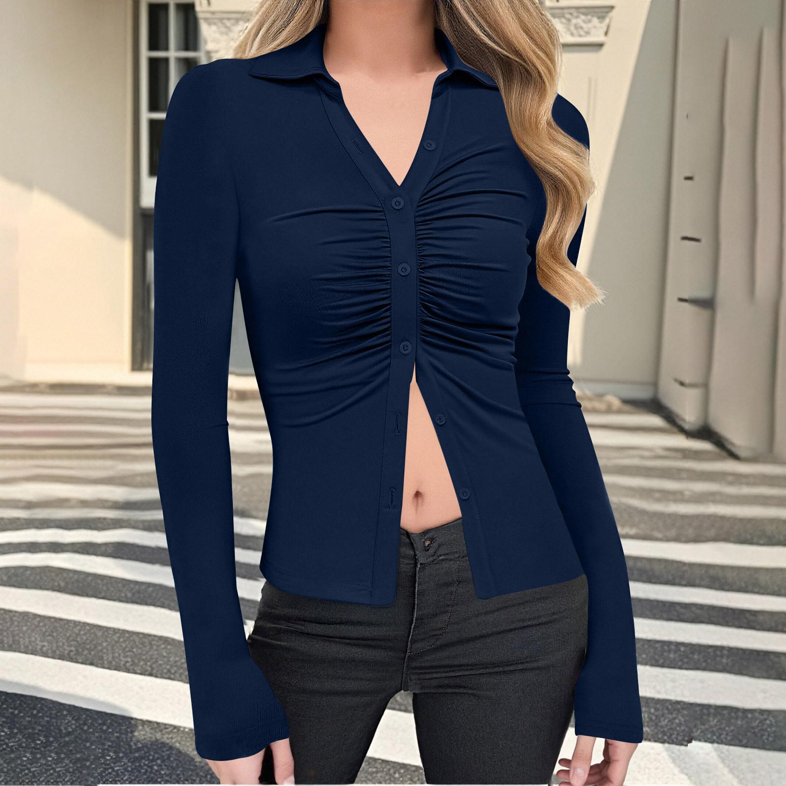 

Fashionable Women s Pleated Slimming Versatile Waist-cinching Long-sleeved Shirt Top S Темно-синій