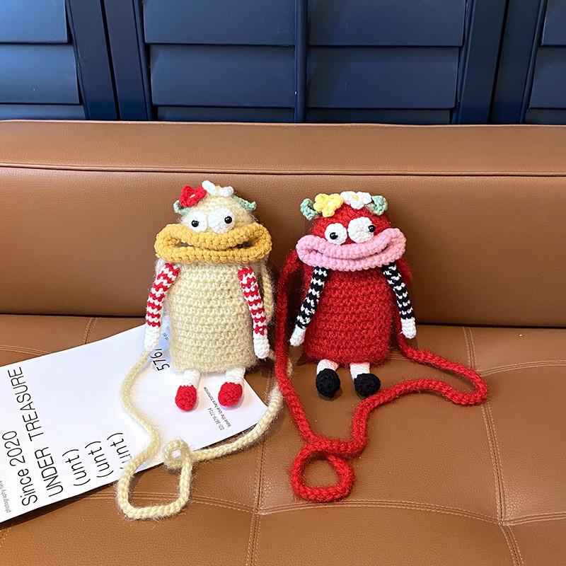 Funny Cute Big Mouth Woven Crossbody Bag With Top Open Design And Cellphone Pocket For Daily Use