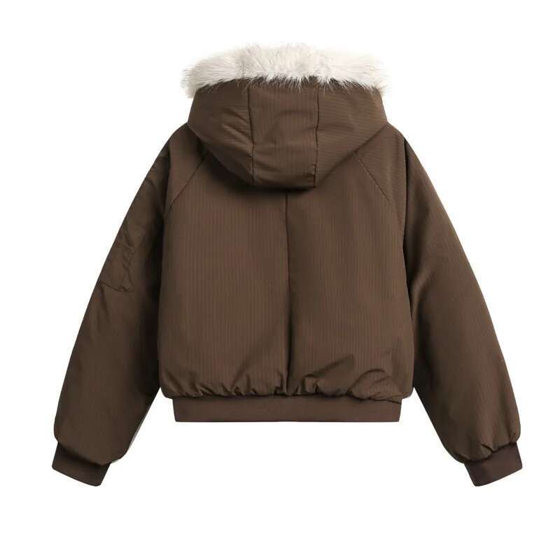 Women's Winter Warm Fur Collar Hooded Quilted Padded Jacket Brown Loose Causal Short Style Cotton-padded Coat