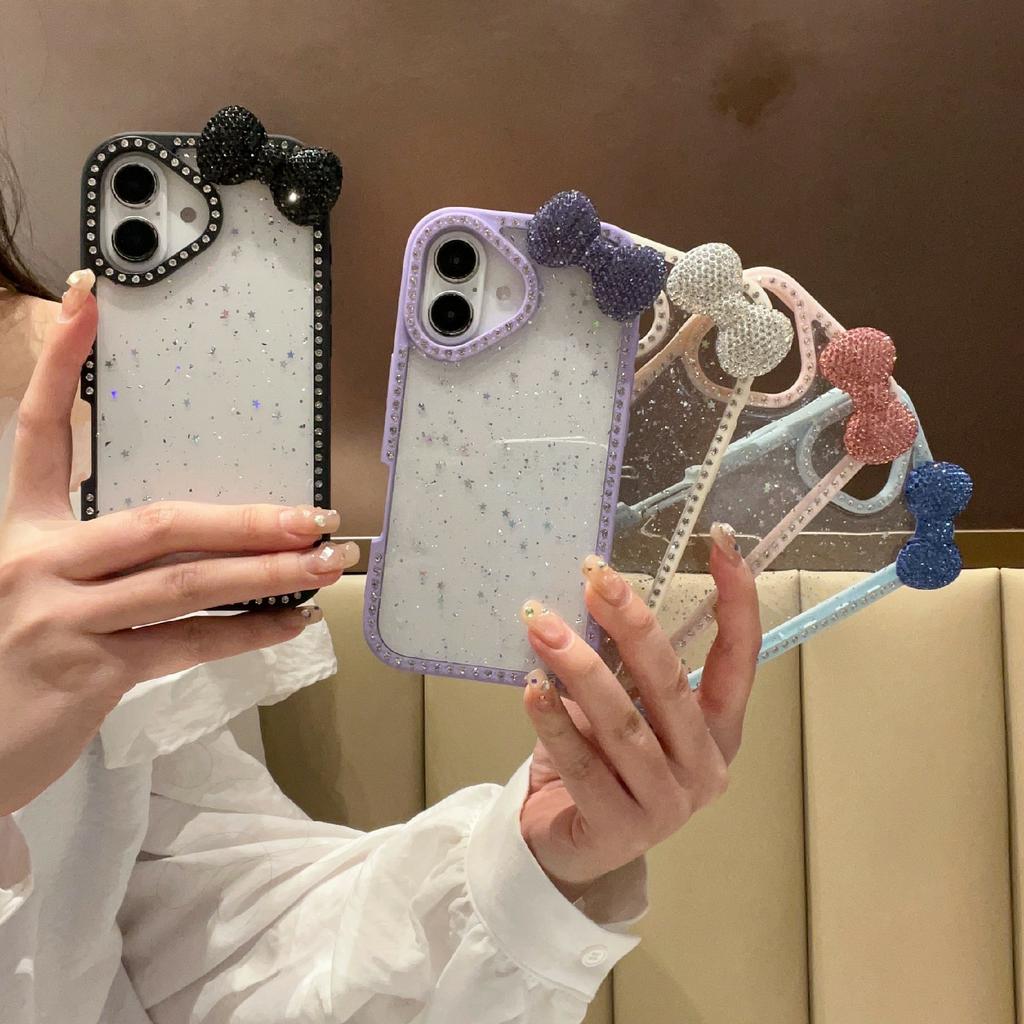 For iPhone 16 Case Star Epoxy Design TPU+PC Phone Cover with Rhinestones/Bow Tie Decor