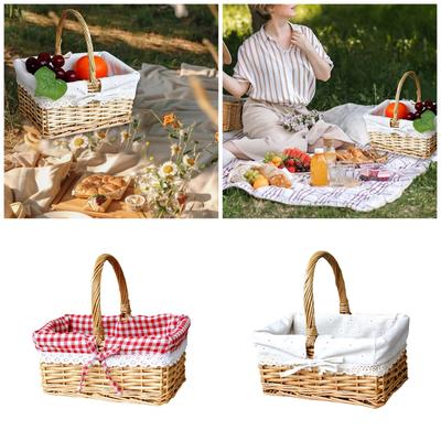 Versatile Rectangular Wicker Woven Picnic Basket for Snacks Drinks and Flower Collecting with Soft Cotton Liner