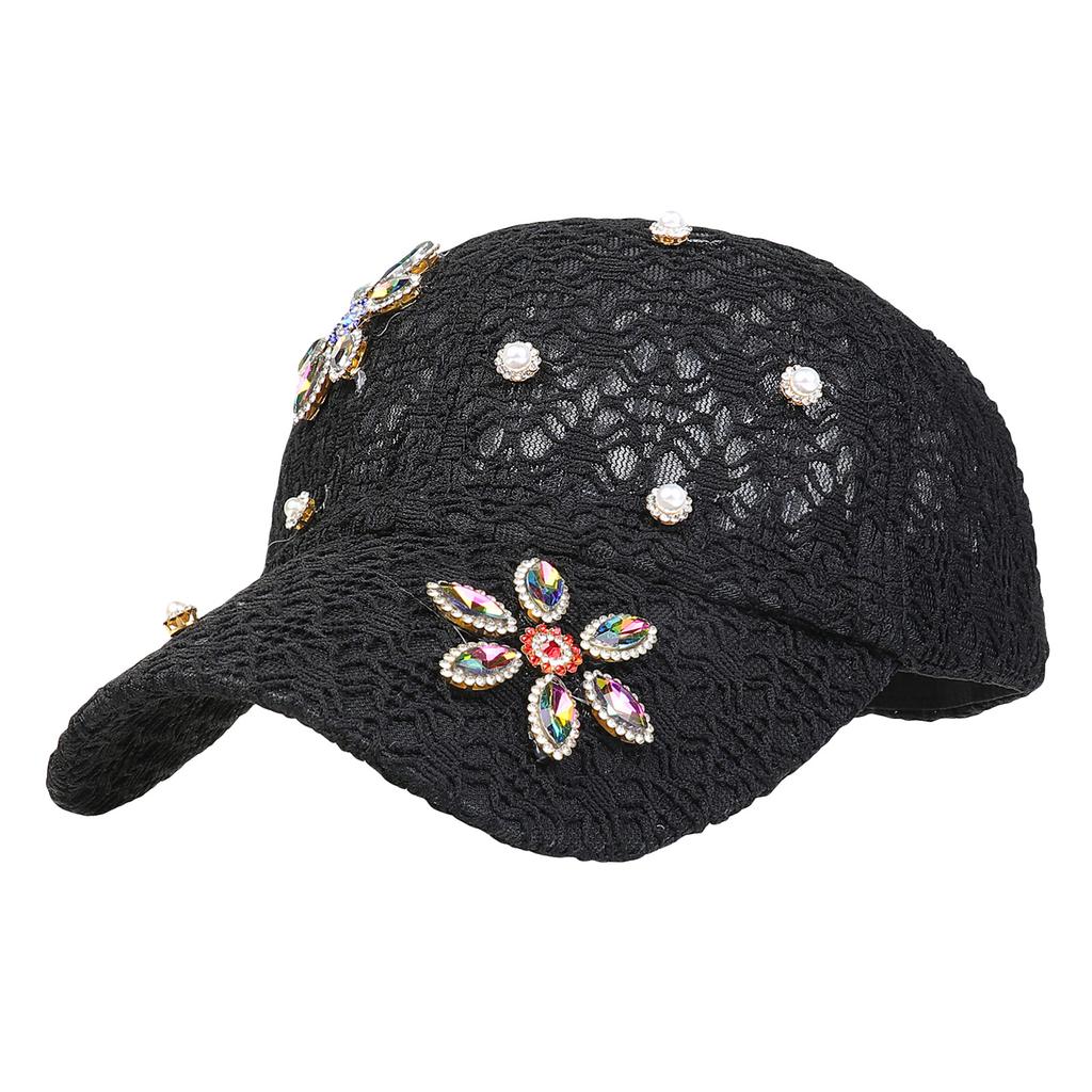 Rhinestone Pearl Flower Lace Baseball Cap, Women Breathable Mesh Adjustable Summer Sun Hat