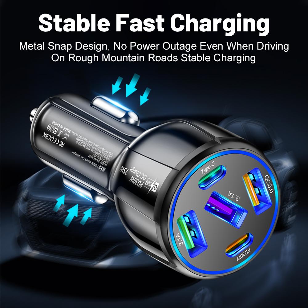 75W Car Charger Multiple 4 Fast Quick Charging Ports Type C USB PD Mobile Phone Adapter in Car for iPhone Xiaomi Huawei Samsung