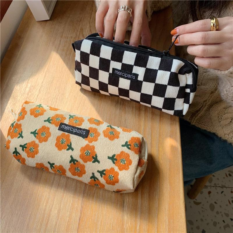 1pcs Corduroy Pencil Bag Pen Case Vintage Flower Grid Artistic Style Student Bag Unique Stationery Storage Pouch School