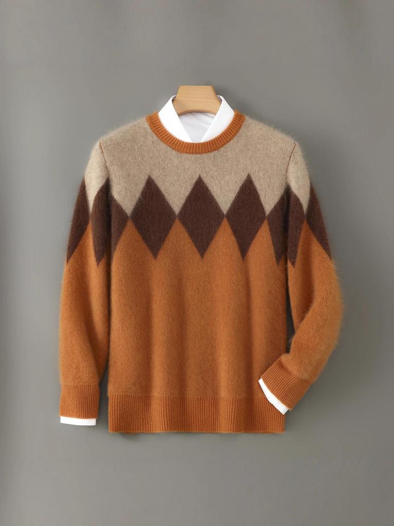 Men's Diamond Pattern Wool Sweater - Color Block Round Neck Pullover for Autumn & Winter.