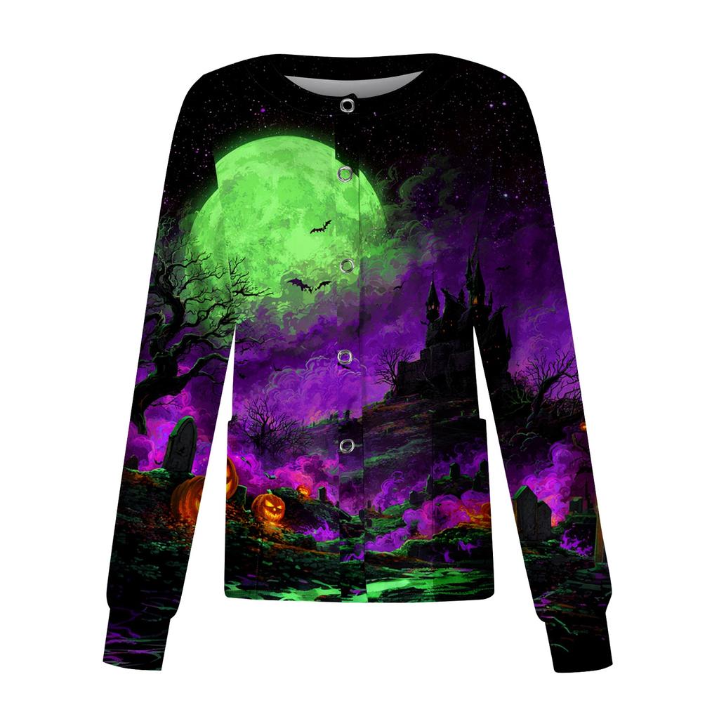 Women's Casual Long Sleeve Single Button Shirt Halloween Pumpkin Print Nurse Uniform Top Comfortable Fit Lightweight Fabric